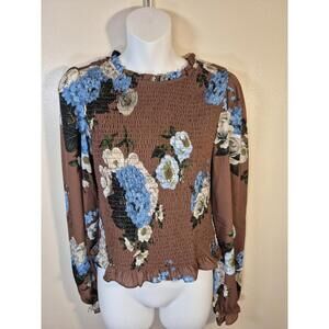 Maison d'Amelie Womens M Blouse Smocked Dark Floral Brown Puff Sleeve Bohemian